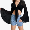 Shein Women's Bell Sleeve Crop Top Tie Front Long Sleeve Blouse Sheer Mesh Top, L, Black