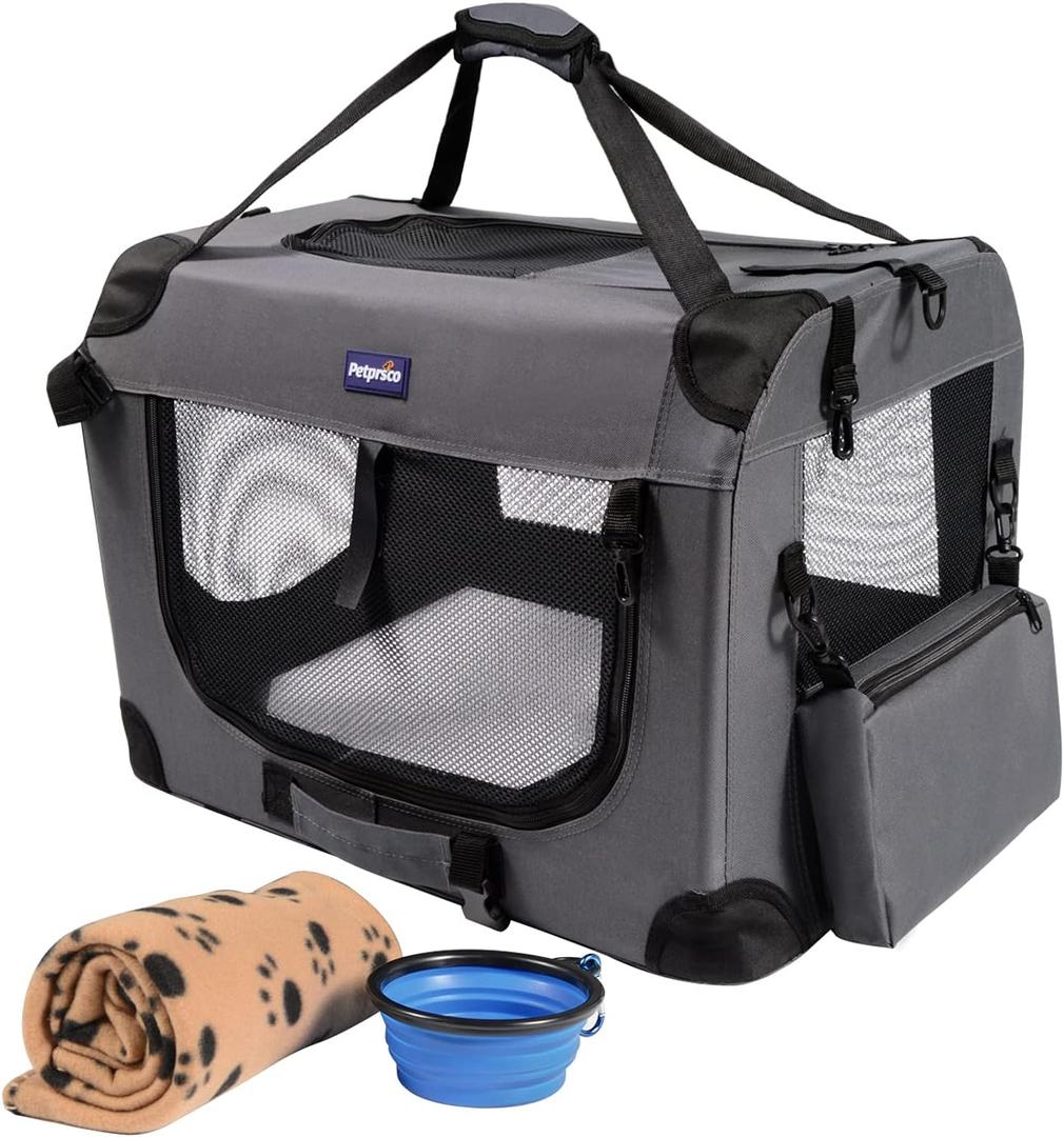 Petprsco Portable Collapsible Dog Crate, Travel Dog Crate 24x17x17 with Soft Warm Blanket and Foldable Bowl for Large Cats & Small Dogs Indoor and Outdoor (24x17x17 Inch, Gray)