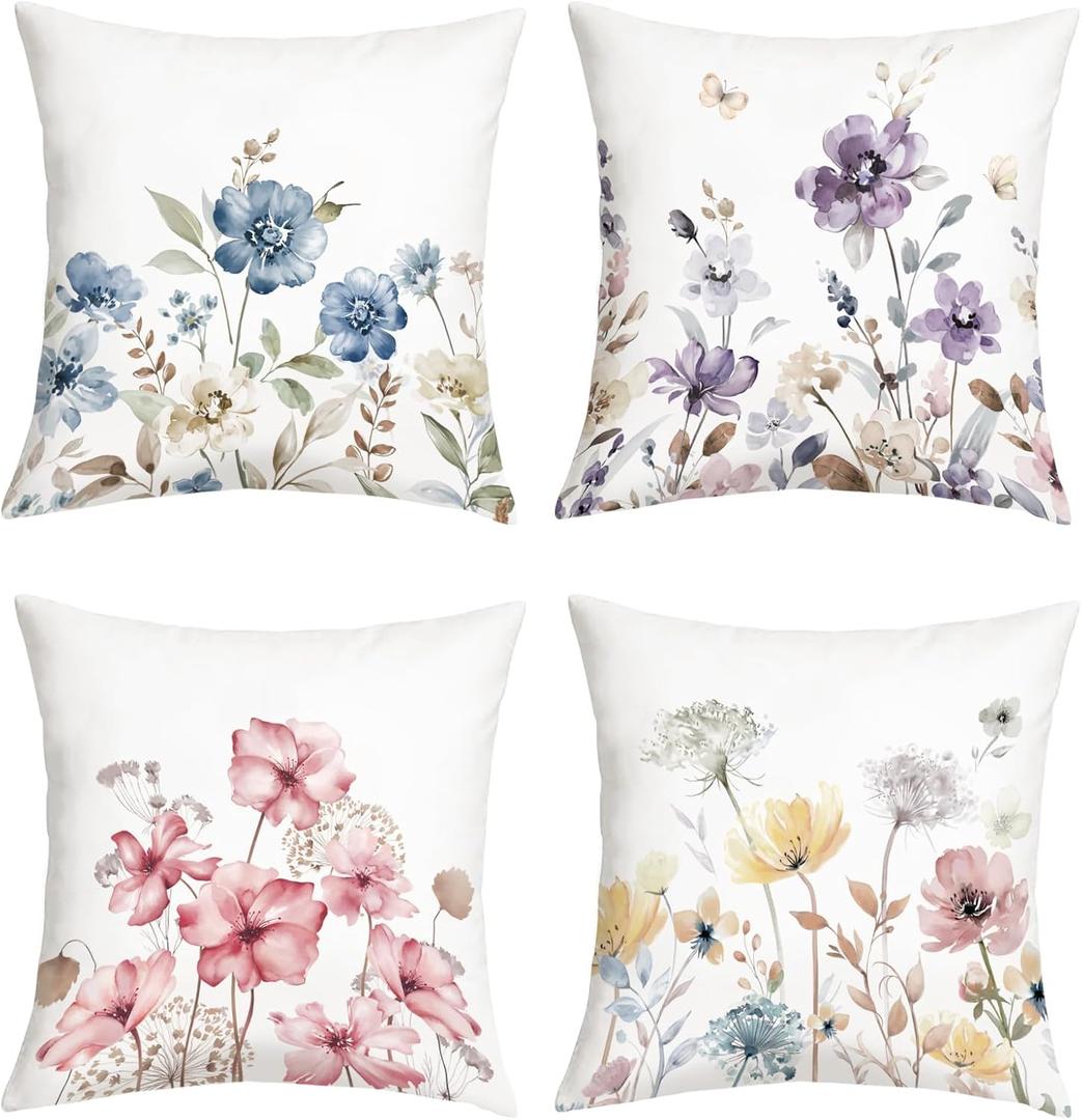 Spring Summer Watercolor Blue Floral Throw Pillow Covers 18x18 Inch Set of 4 Purple Garden Flowers Farmhouse Cushion Covers Home Decor for Couch Cushion Cases
