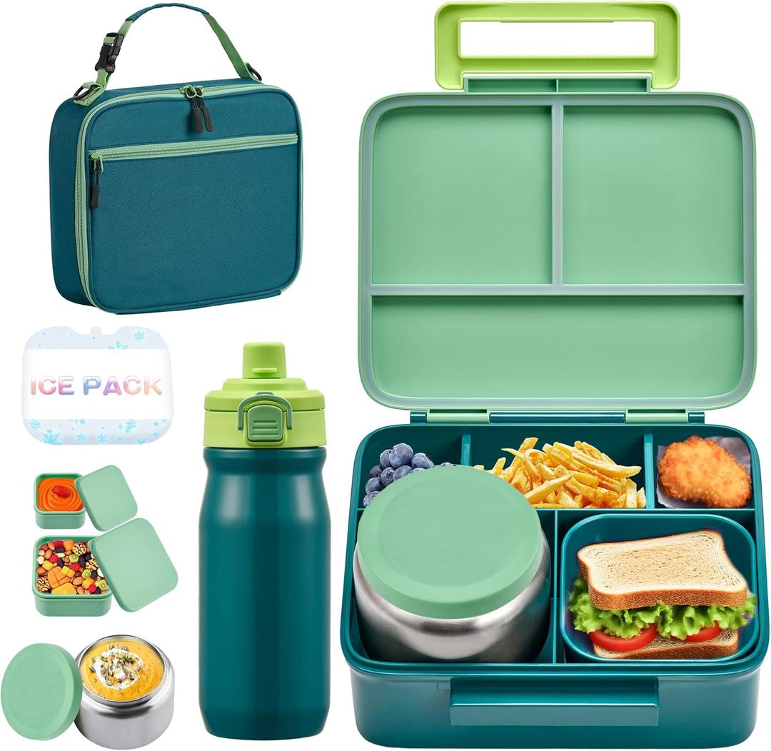 Bento Lunch Box for Kids with 8oz Soup Thermo, Leak-proof Lunch Food Containers with 5 Compartment, Insulated Lunch Bag & 17oz Stainless Steel Water Bottle for School, Trvael (Green)