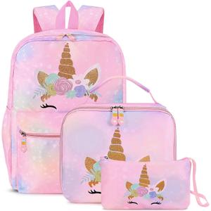 Cokouchyi 3 Pcs Kids Backpack Set with Lunch Box & Pencil Case, Lightweight Preschool Backpack for Girls Age 3-8, Kids Book bag Elementary, Unicorn