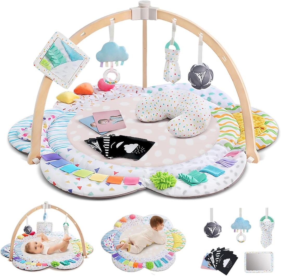 Baby Play Gym & Activitiy Mat, Upgraded 6 Developmental Zones, Tummy Time Mat with Sensory Toys for Motor Skill & Sensory Development, Essentials Shower for Baby