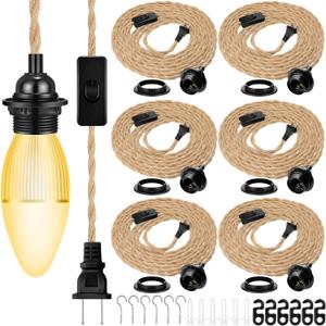 6 Pcs 15 Ft Pendant Light Cord lamp kit Vintage Ceiling Hanging Lights with Plug in Cord with Twisted Nylon Rope with Switch E26 Socket for Kitchen Farmhouse Bedroom DIY Decor