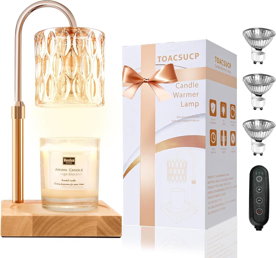 Candle Warmer Lamp with 3 Bulbs, Adjustable Height Dimmable Candle Warmer with Timer, Candle Lamp with Charming Gift Box Ribbon,Birthday Gifts for Women Mom, House Warming Gifts New Home Decor (1pack, Amber)