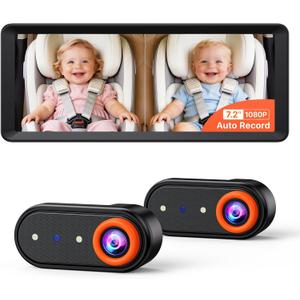 Luckview BM5 MAX 1080P Dual Baby Car Camera with Recording, 7.2" Split Monitor for 2 Kids, Dual Car Camera Baby Monitor with Auto Night Vision, Easy Installation Carseat Camera for Baby