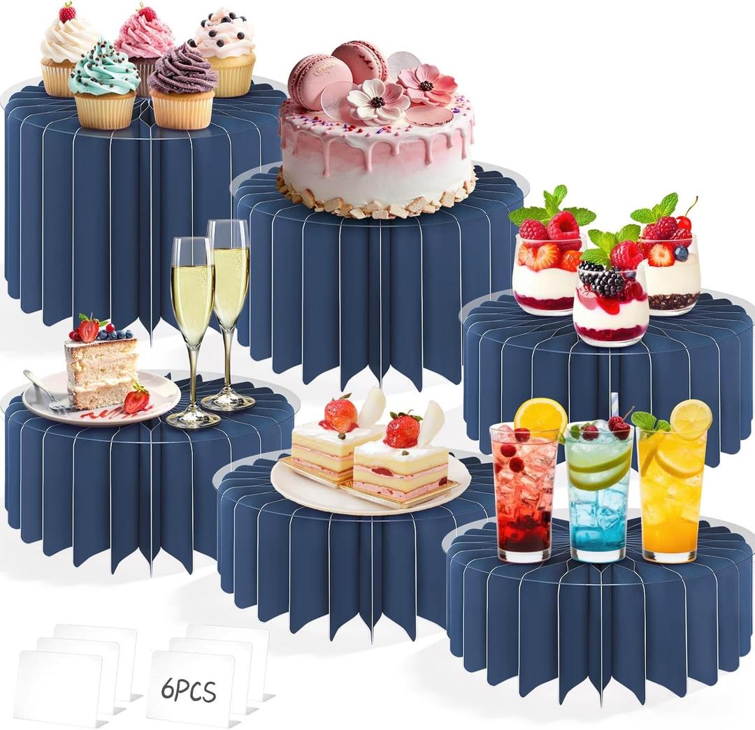 6Pcs Buffet Risers, Food Risers for Table, Foldable Cake Display Stands, Tall Cardboard Cupcakes Stand for Show Catering Desserts Jewelry Wedding Birthday Party Decoration (Blue)
