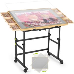 1500 Piece Jigsaw Puzzle Table with Metal Lazy Susan, Rotating Adjustable Height Puzzle Desk with Legs for Adults, 4-Tilting-Angle Portable Wooden Game Board with 6 Drawers & Cover (Grey)