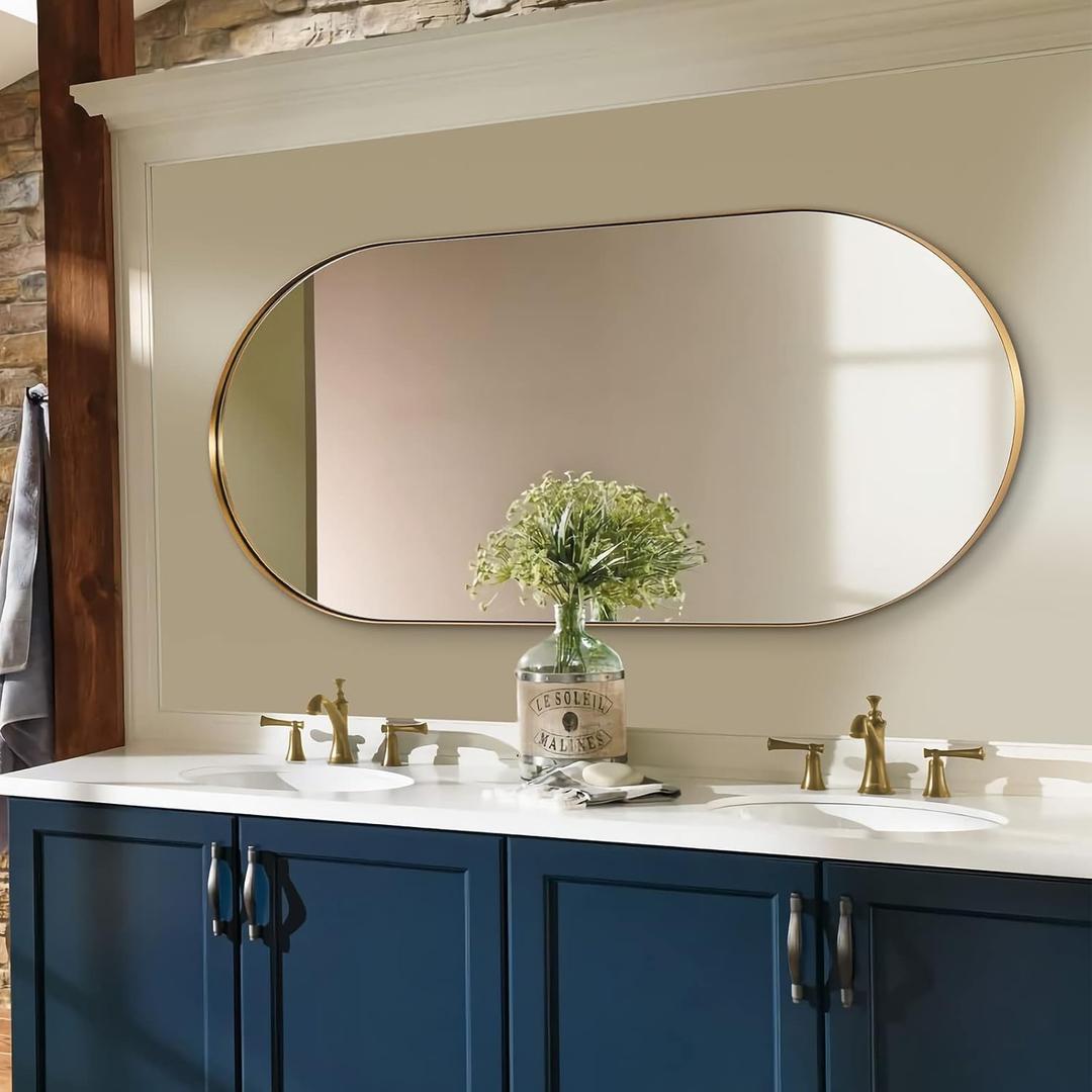 ANDY STAR Gold Bathroom Mirror 60 x 30 Inch, Full Length Mirror, Oval Vanity Mirror, Pill Shaped Mirror in Stainless Steel 1 Deep Wall Mounted Vertical/Horizontal