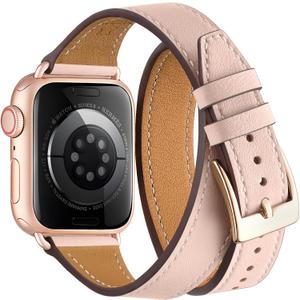 Bestig Bands Compatible with Apple Watch Band 40mm 41mm 38mm 42mm(Series 10 11) Women Men, Genuine Leather Double Tour Designed Slim Thin Strap for iWatch SE1/2/3 Ultra 3/2/1 Series 9 8 7 6 5 4 3 2 1 (Pink Sand+Rose Gold)