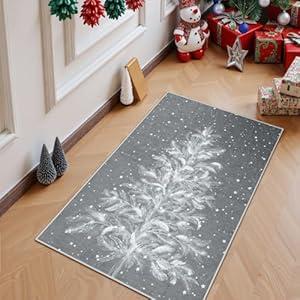 Lahome Christmas Rug 2x3 Non-Slip Entryway Rugs Indoor, Washable Small Rug Throw Soft Rug for Bathroom, Christmas Tree Print Snowflake Holiday Decor Grey Front Door Rug for Entrance Kitchen Sink