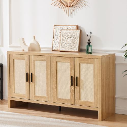 Mericonia Rattan Buffet Cabinet with Storage, Sideboard Cabinet with Doors and Adjustable Shelves, Farmhouse Coffee Bar Station Table, Modern Wood Cupboard for Kitchen, Livingroom and Dining Room