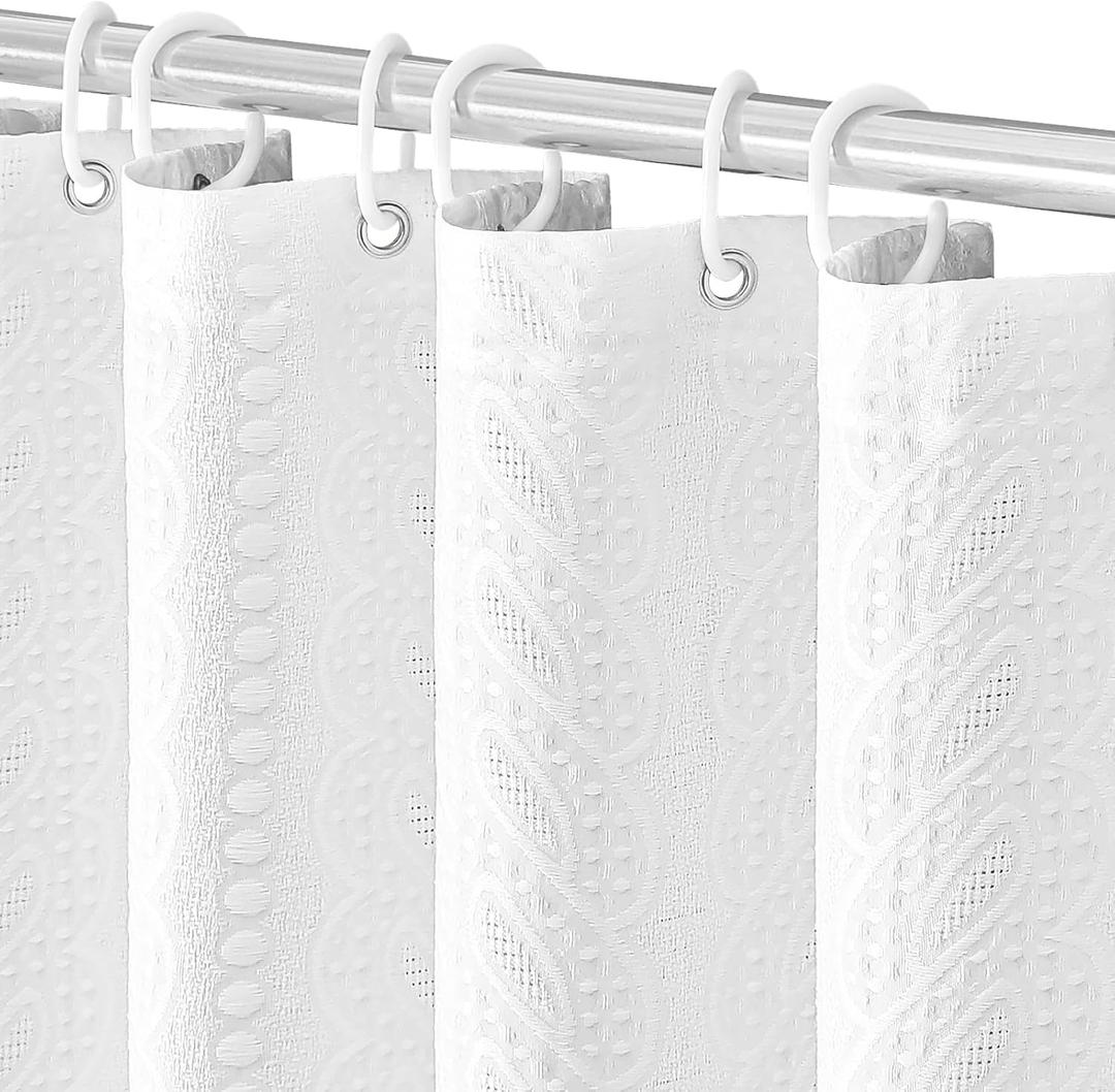 White Thick Fabric Shower Curtain, 3D Embossed Woven Rustic Heavy Duty Cloth Shower Curtain Set, Water Repellent Weighted 230GSM Hotel Quality Machine Washable Bath Curtains with Hooks 72x72