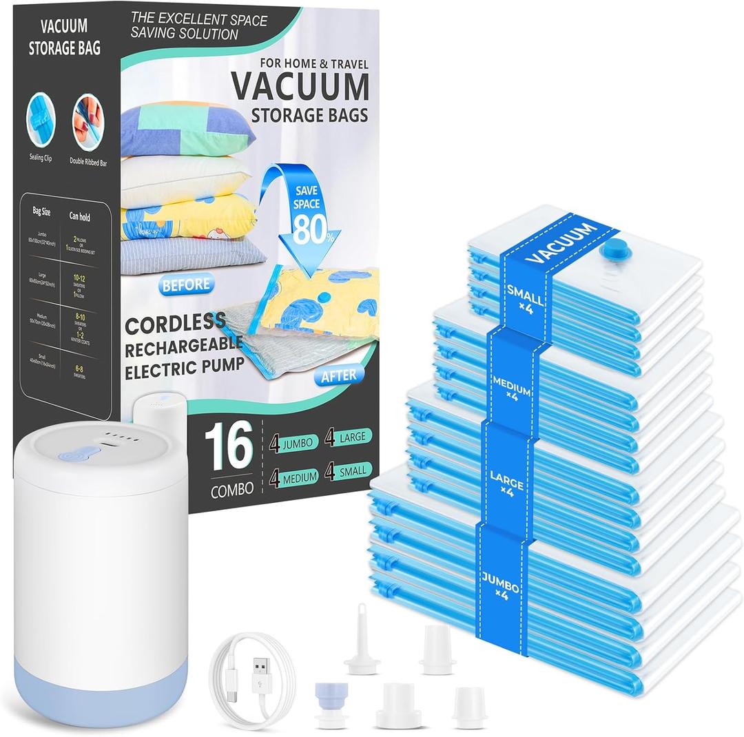 Vacuum Bags for Travel with Portable Electric Pump, 16 Pack Vacuum Seal Bags for Luggage and Suitcase Compression, Space Saver Vacuum Storage Bags for Clothes and Clothing Travel