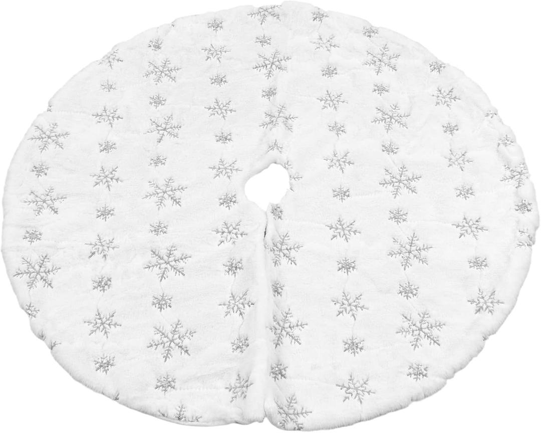 Christmas Tree Skirt, 35.4 Inch White Large Xmas Soft Cover Mat Decor with Snowflake Pattern, Reusable Farmhouse Tree Skirt for Holiday Decoration Ornaments Party (90cm) (Silver)