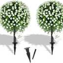 27.2" Artificial White Rose Topiary Set of 2 with Spike, Fake Plants Boxwood Ball Greenery Shrubs, Uv Resistant Push in Flowers Artificial Bushes for Outdoor Front Porch Decor Home Faux Plants Indoor