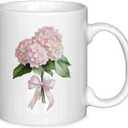 Coquette Pink Bow Hydrangea Spring Floral Porcelain Mug, Pretty Plant Lady Coffee Cup Mugs Gifts for Women, Summer Ceramic 11 oz Coffee Mug Cups