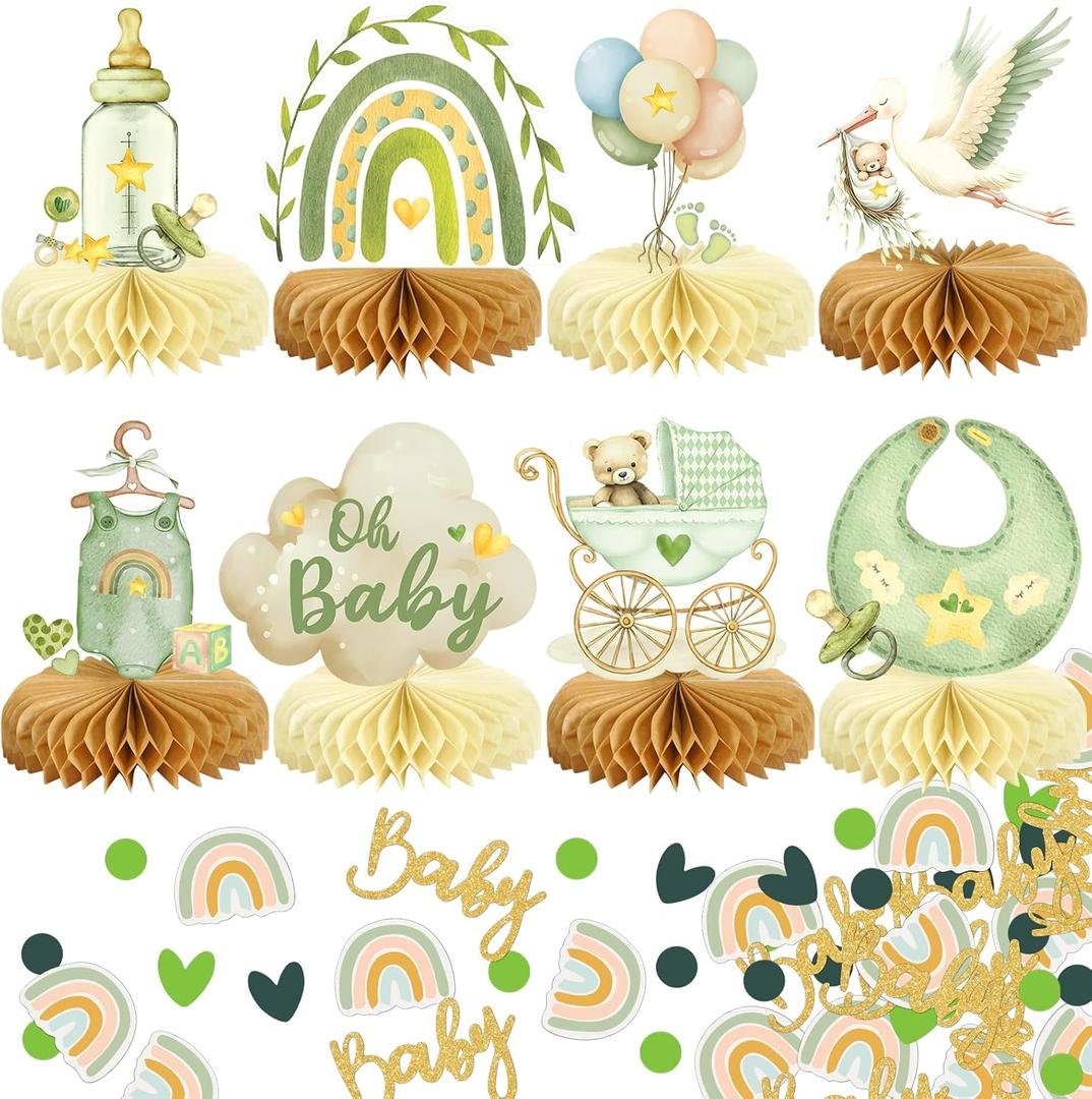8Pcs Bear Baby Shower Decorations Honeycomb Centerpieces for Boy, Confetti Baby Shower Table Decorations Birthday Party Table Centerpieces Toppers Party Decor (Green)