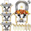 Round Chafing Dishes for Buffet 5 Qt,High Grade Chafing Dish Buffet Set, Full Size Pan,Rolled-Edge Design Food Warmers for Parties,Buffet,Wedding,Birthday,Camping 4 PACK (Half Gold)