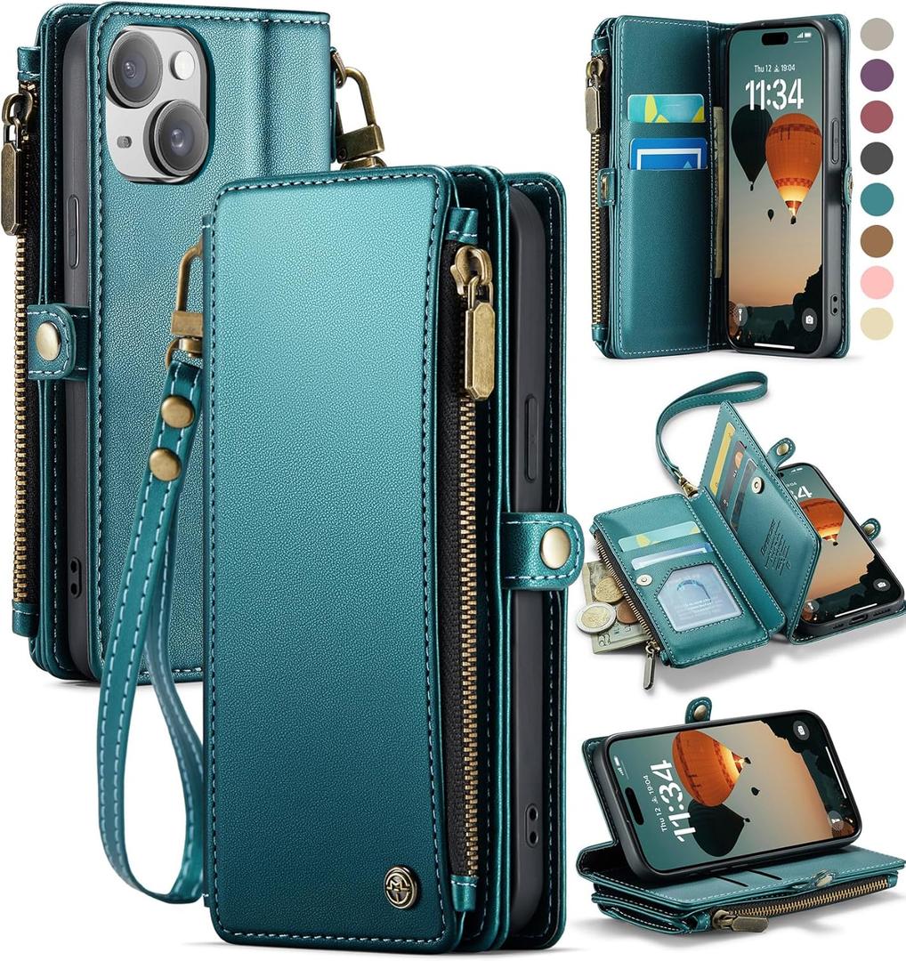 Defencase Compatible with iPhone 14 Case Wallet with RFID Blocking Card Holder for Women Men, Fashion PU Leather Magnetic Snap Flip Zipper Strap Wallet Phone Case Fit for iPhone 14 6.1", Blue Green