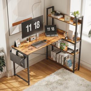 Treesland 40 Inch Computer Desk with Bookshelf, Corner Desk with Storage, L Shaped Desk, Home Office Desks, Writing Study Desk for Bedroom, Brown