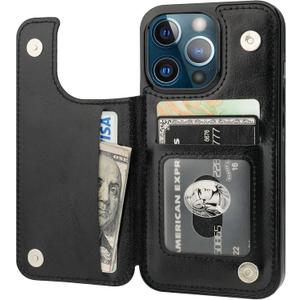 Compatible with iPhone 13 Pro Wallet Case with Card Holder, PU Leather Kickstand Card Slots Case, Double Magnetic Clasp Durable Shockproof Cover 6.1 Inch(Black)