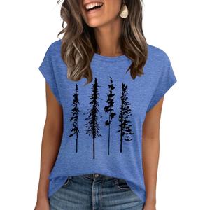 AKEWEI Womens Vintage Flower Print T Shirt Funny Cute Animal Graphic Tees Tops Loose Casual Outdoor Shirt (Medium, Blue Pine Tree)