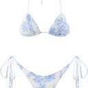 VOLAFA Women's Triangle Bikini Set String Swimsuit Print Tie Smocked Ruched Two Piece Bathing Suit (Small, Light Blue)