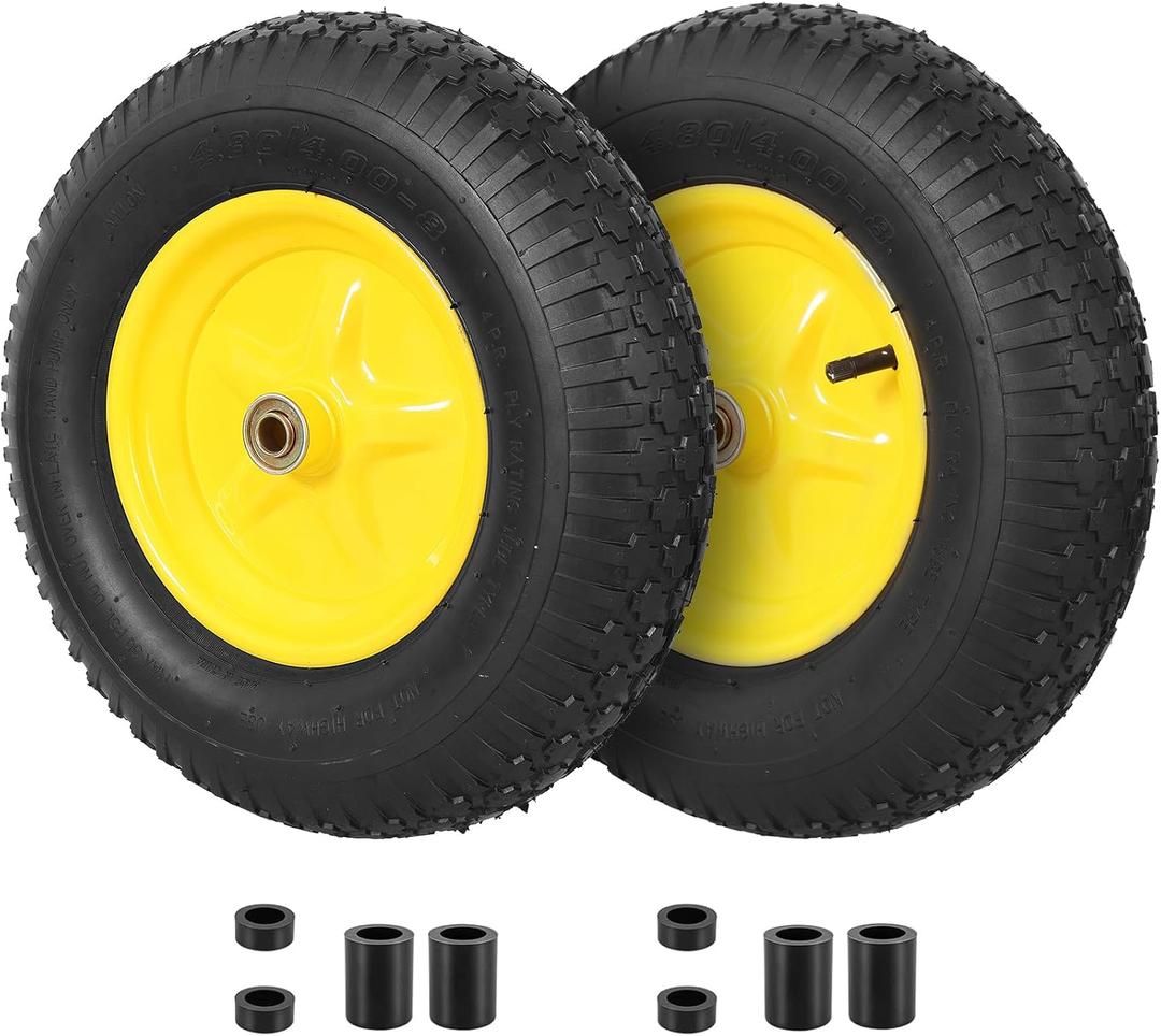 4.80/4.00-8 Tire & Wheel, Set of 2 Heavy Duty Pneumatic Rubber Wheels, 16 in Wheelbarrow Tires with 5/8" Bearings, Compatible with Hand Truck, Wagon, Dolly, Garden Cart, Dump Cart