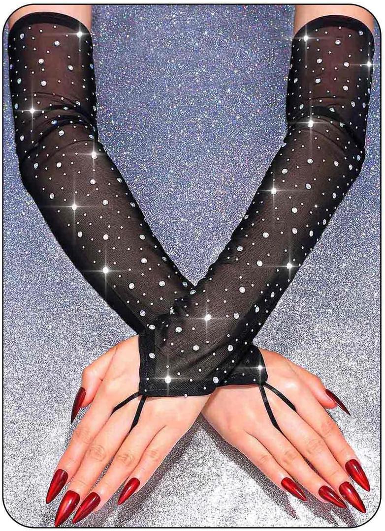 CASDRE Sparkly Rhinestone Long Mesh Gloves Fingerless Elbow Length Arm Sleeves Prom Costume Glove for Women (Black)
