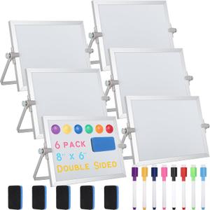 6 Pcs Small Dry Erase White Board with Stand 6 x 8'' Double Sided Magnetic Tabletop Whiteboard Mini Dry Erase Easel Board with 8 Markers 6 Magnets 6 Eraser for Drawing Office School Home