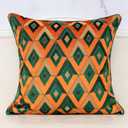 Alerfa Square Pillow Geometric Plaid Embroidery Cut Velvet Cushion Case Luxury Modern Throw Pillow Cover Decorative Pillow for Couch Sofa Living Room Bedroom Car 20 x 20 Inch Teal Orange