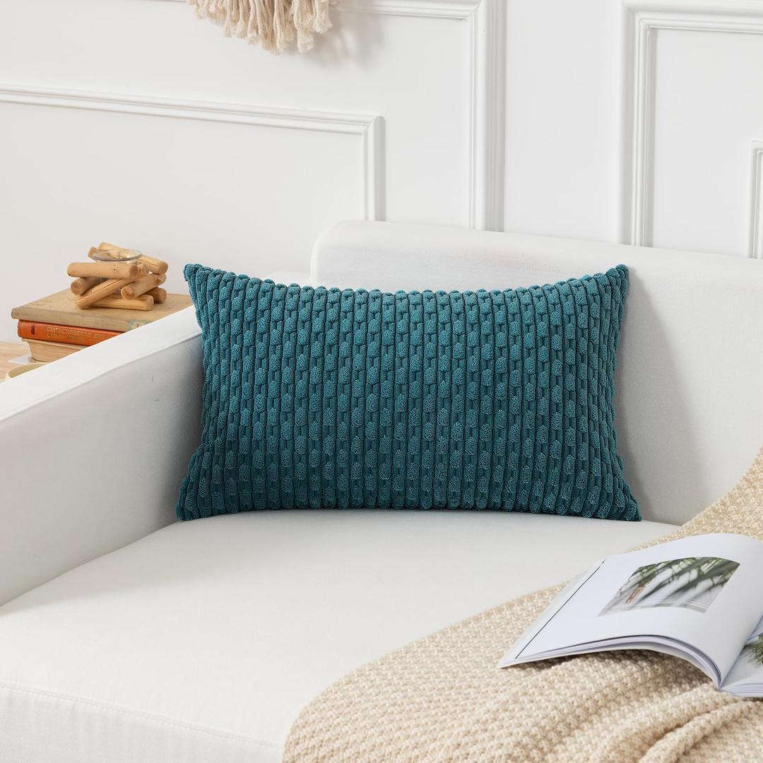Kevin Textile 12x20 Inch Pillow Cover 1 Pack Boho Decorative Soft Striped Corduroy Lumbar Farmhouse Color Accent Rectangle Cushion Case for Living Room Couch Sofa Bed, Teal Blue