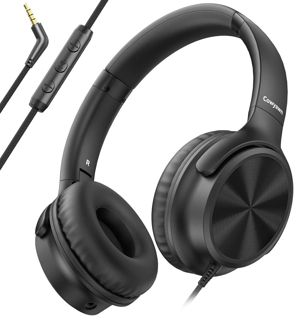 Cowyawn Over Ear Headphones Wired, 3.5mm Foldable Wired Headphones with Microphone, Volume Control, HD Stereo Sound, Lightweight Headphones for Adult/Teens/Chromebooks/Laptop/Computer/Tablets, Black