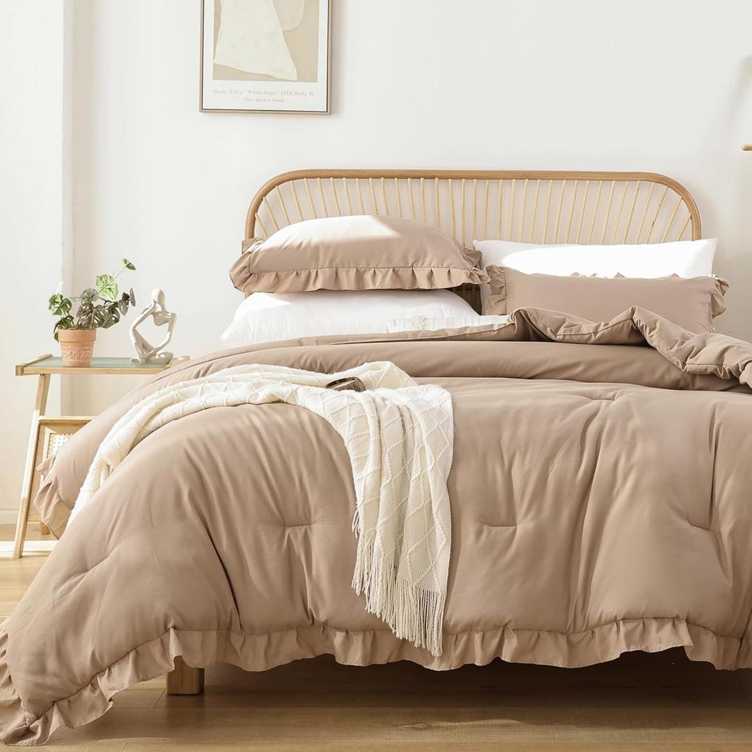 JANZAA Queen Ruffled Comforter Set 3PCS (1 Taupe Comforter Set and 2 Pillowcases) Vintage Farmhouse Shabby Chic Bedding Soft Fluffy Bed Set All Season