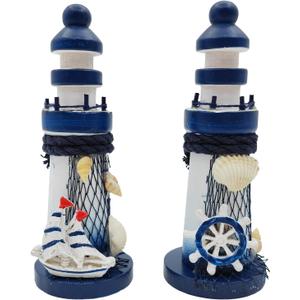 2 PCS Mini Lighthouse Decor, Handcrafted Wooden Miniature Lighthouse Model, Mediterranean Style Ornament, Ocean Tabletop Light House Decorations for Home