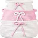 Breling 3 Pieces Coquette Bow Laundry Hamper Cotton Rope Storage Basket Bow Woven Gift Baskets Rope Bin with Handles for Decoration Organization Storage for Nursery, Pet Toy Basket(Pink, White)