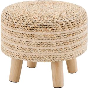 Cpintltr Round Seagrass Ottoman Footstool Handwoven Water Hyacinth Pouf with Solid Wood Legs Shoe Changing Stool Sturdy & Stylish Footrest for Living Room Balcony or Garden Beige