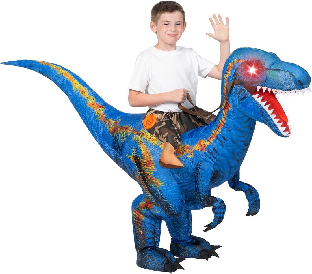 Spooktacular Creations Kids Halloween Raptor Inflatable Costume, LED Eyes Ride Raptor Dinosaur Blow Up for Halloween Party (Small, Blue)