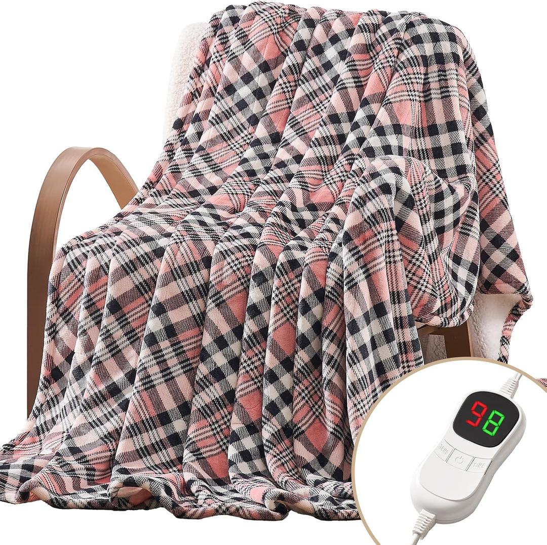 Homemate Electric Blanket Heated Throw - 50x60 Ultra Soft Cozy Flannel Heating Blanket with 10 Fast Heat Levels 8 Hours Auto Off Over-Heated Protection ETL Certification Keep Warm in Home Office (Rhombus Pink)
