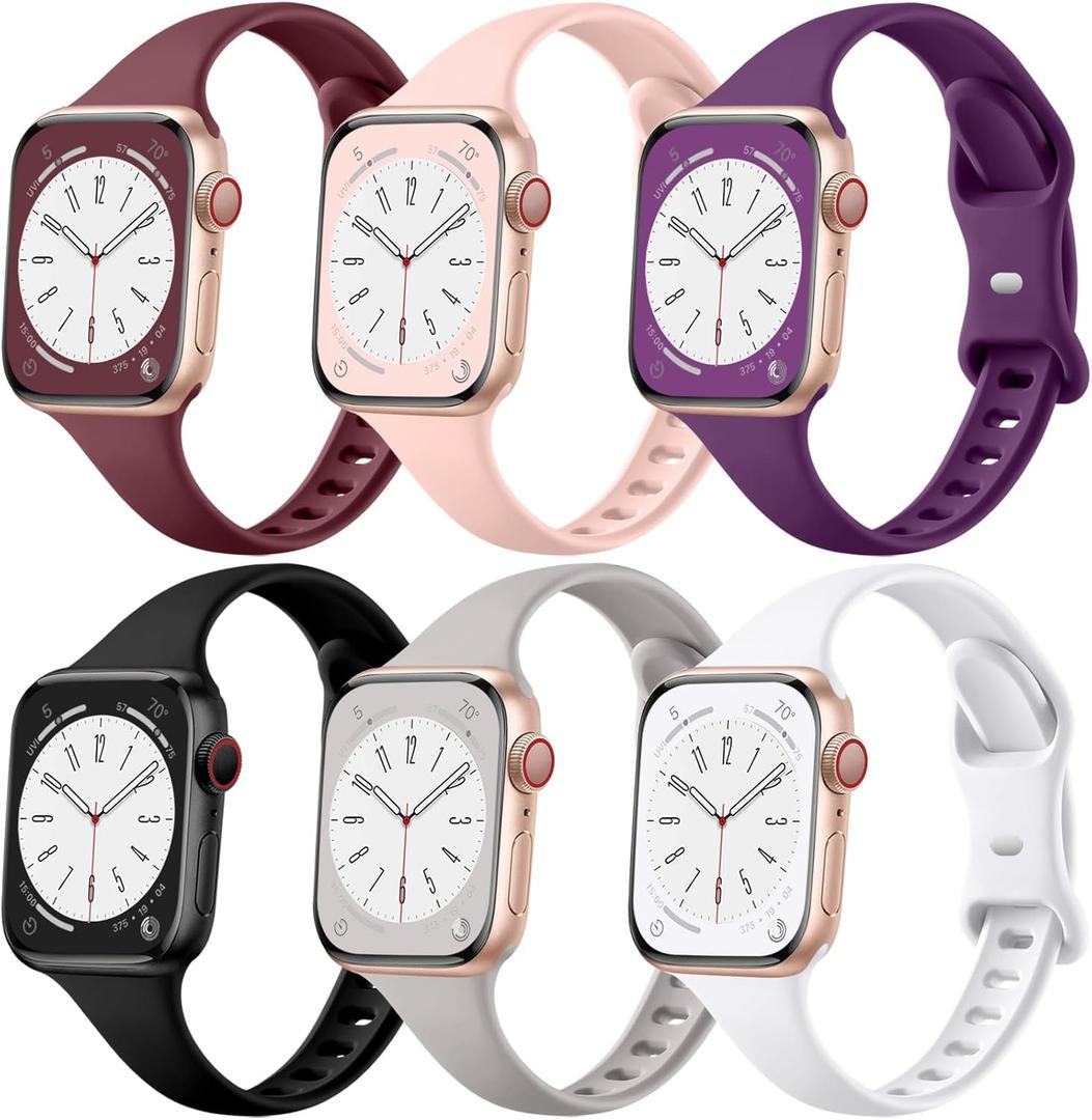 Lerobo 4 Pack Compatible with Apple Watch Band 44mm 45mm 42mm 49mm iWatch Bands for Women Men, Slim Thin Narrow Replacement Strap Silicone Sport Bands for Apple Watch Series 8 7 6 5 4 3 2 1 SE Ultra (Black/ Sand Pink/ Dark Purple/ Light Gray/ White)