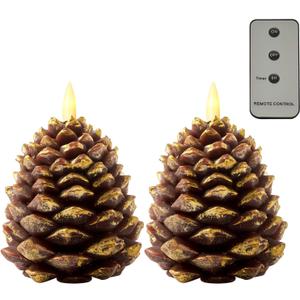 DN DECONATION Flameless Pinecone Candles for Christmas Table Decor, Led Pine Cone Candle with Remote and Timer, Battery Operated Christmas Candle Pinecones Decoration Indoor Holiday (Set of 2)