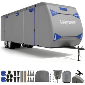 Heavy Duty 7 Layers RV Cover, Camper Cover & Travel Trailer Cover 30-33ft, Waterproof Windproof All-Weather Protection with Tongue Jack Cover, Gutter Covers & Reinforced Straps - Blue