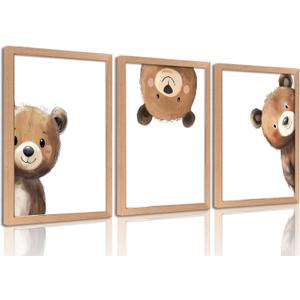Framed Baby Bear Nursery Wall Art Peeking Bear Pictures Wall Decor Peekaboo Kids Room Decor Woodland Animal Posters Neutral Nursery Painting Canvas Print Artwork for Children's Baby Room Bedroom, 24L''X16W''-Wood Framed