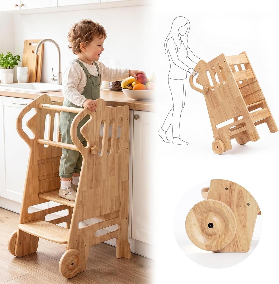 Roslim Toddler Tower with Wheels, Adjustable Height Learning Tower, Natural
Solid Wood Toddler Step Stool with Full Safety Rails, Anti-Tip Non-Slip Kids Standing Tower for Kitchen Counter Bathroom Sink
