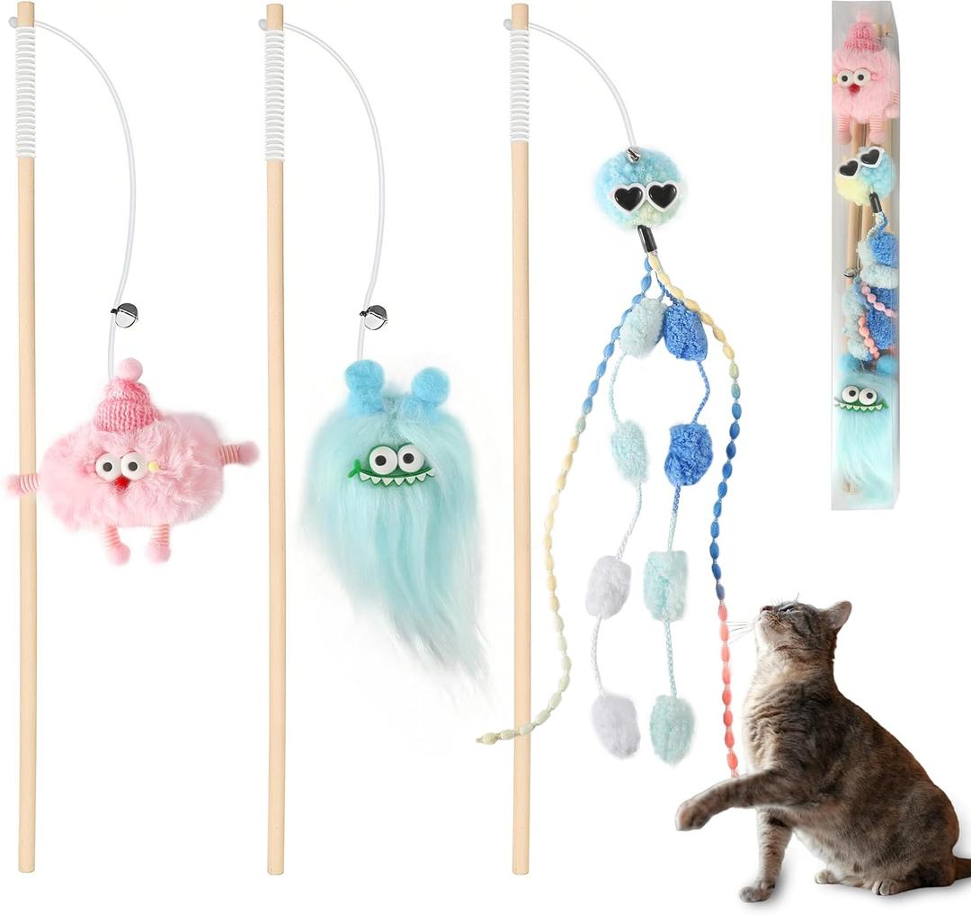 Elastic Cat Wand Toy Funny Interactive Plush Cat Fishing Pole Toy with Bell Soft Natural Wood Kitten Teaser Wand for Indoor Cats Kittens Bored Cats (3 Pack)