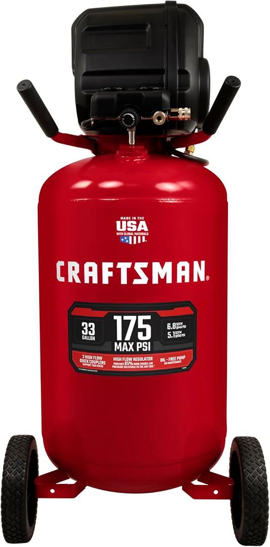 CRAFTSMAN 33 Gallon Air Compressor, 175 Max PSI, Portable Air Compressor, Vertical Air Compressor for Heavy-Duty Use, Ideal for Home Garage and Workshop, Efficient and Reliable Performance