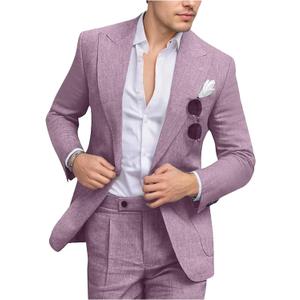 Men's Linen Suit Slim Fit 2 Piece Summer Beach Wedding Suits Peak Lapel Casual Blazer Pants Set for Prom Tuxedo (Purple, M)