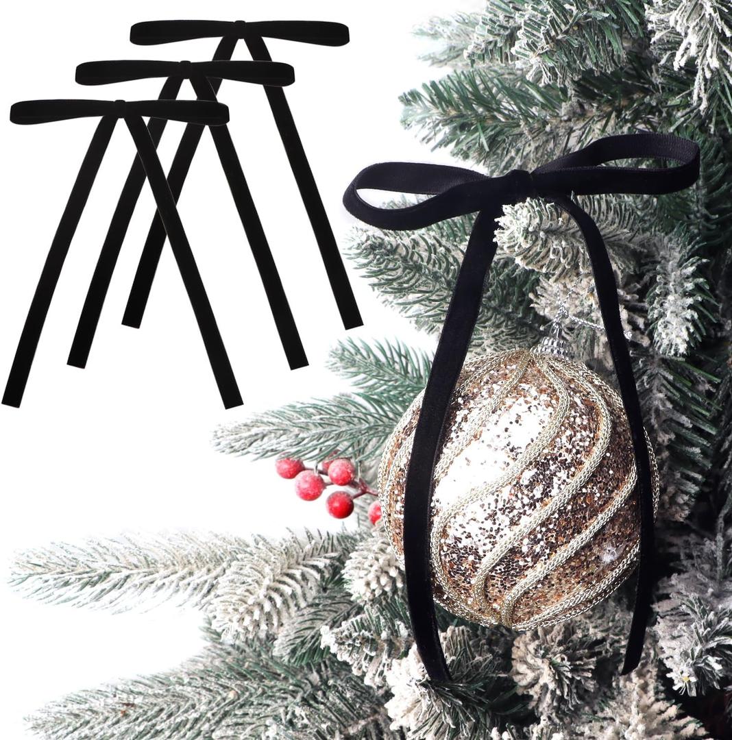 Ribbli Black Velvet Bows for Christmas Tree 24 Pcs Black Vintage Wreath Ribbon Bows for Door Garland Home Decor - 5 x 7 Inch, 3/8 Inch Wide