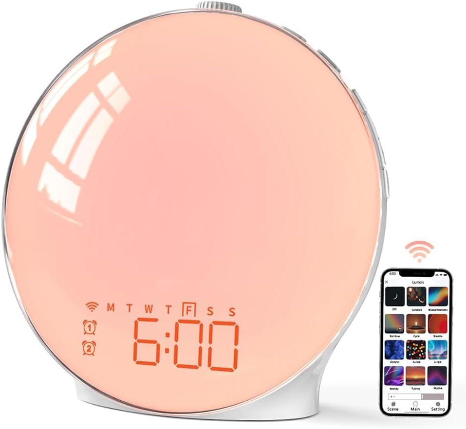 MOMILLA Smart Sunrise Alarm Clock, White Noise Sound Machine Wake-up Light with App Control, FM Radio, Sunset Night Light, Dual Alarms with Snooze Function for Heavy Sleepers Kids