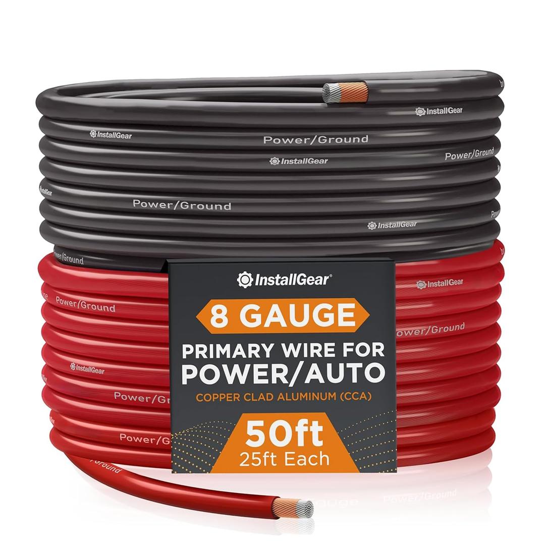 InstallGear 8 Gauge Wire (50ft) Copper Clad Aluminum CAA - Primary Automotive Wire, Car Amplifier Power and Ground Cable, Battery Cable, Car Audio Speaker Stereo, RV Trailer Wiring Welding Cable 8ga (Red + Black)